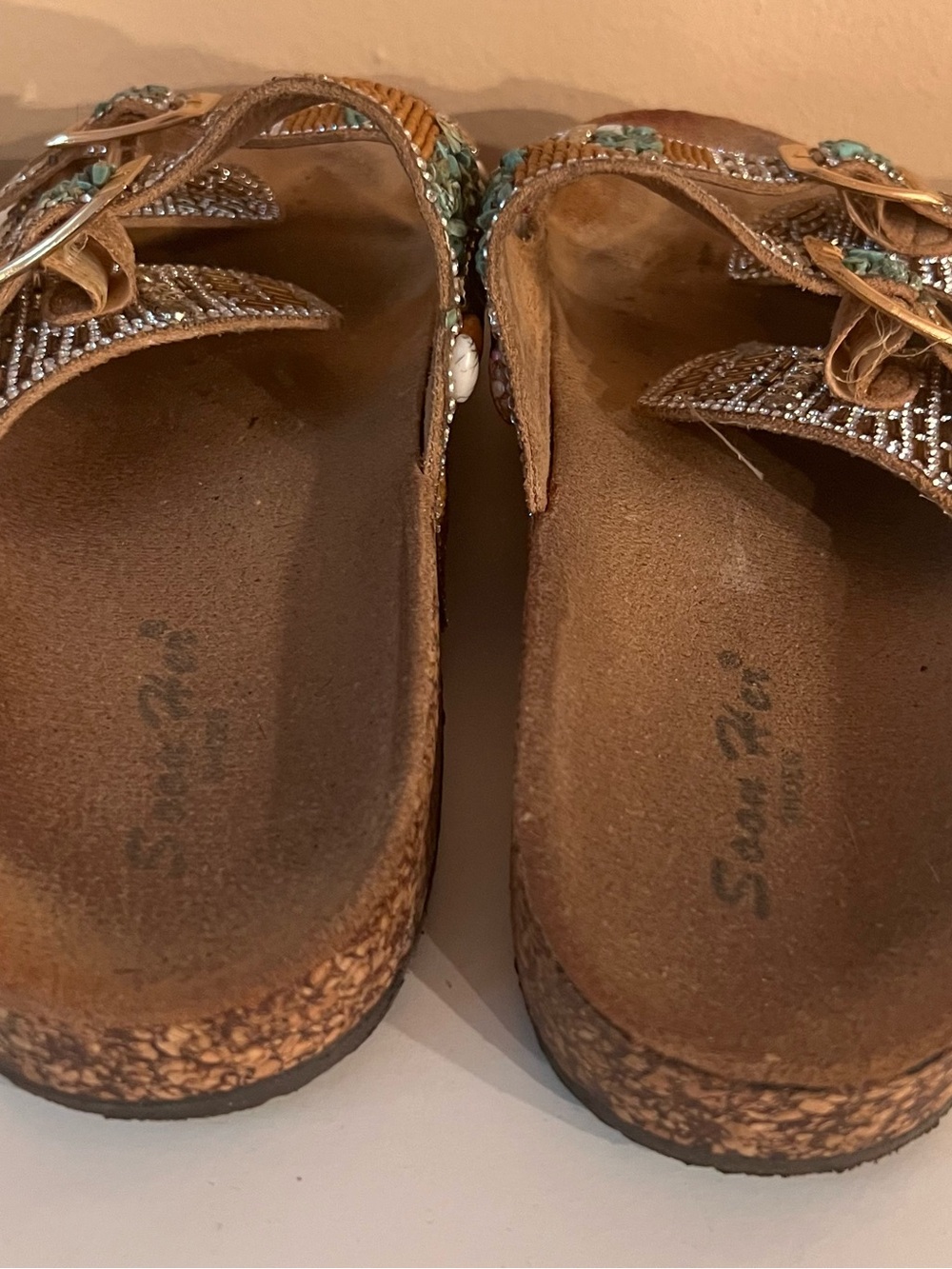 Women’s Tan Beaded Slide Sandals with Turquoise Accents